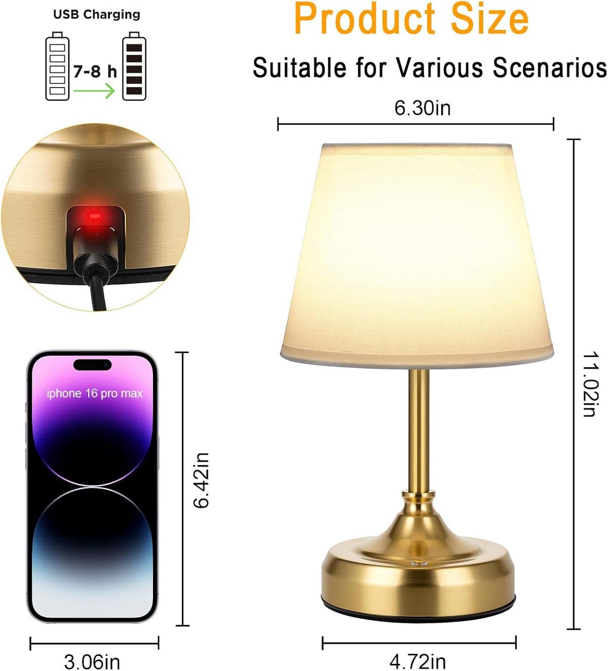 Rechargeable Gold Cordless Small Table Lamp
