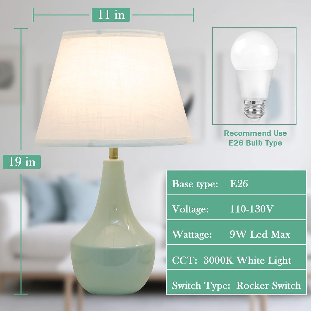 Modern Green Ceramic Bedside Lamp Set