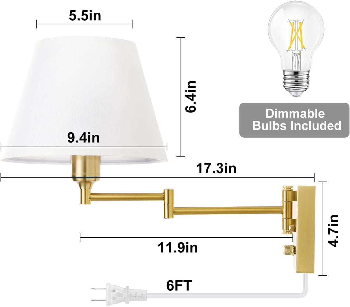 Dimmable Swing‑Arm Plug‑in Wall Sconces Set