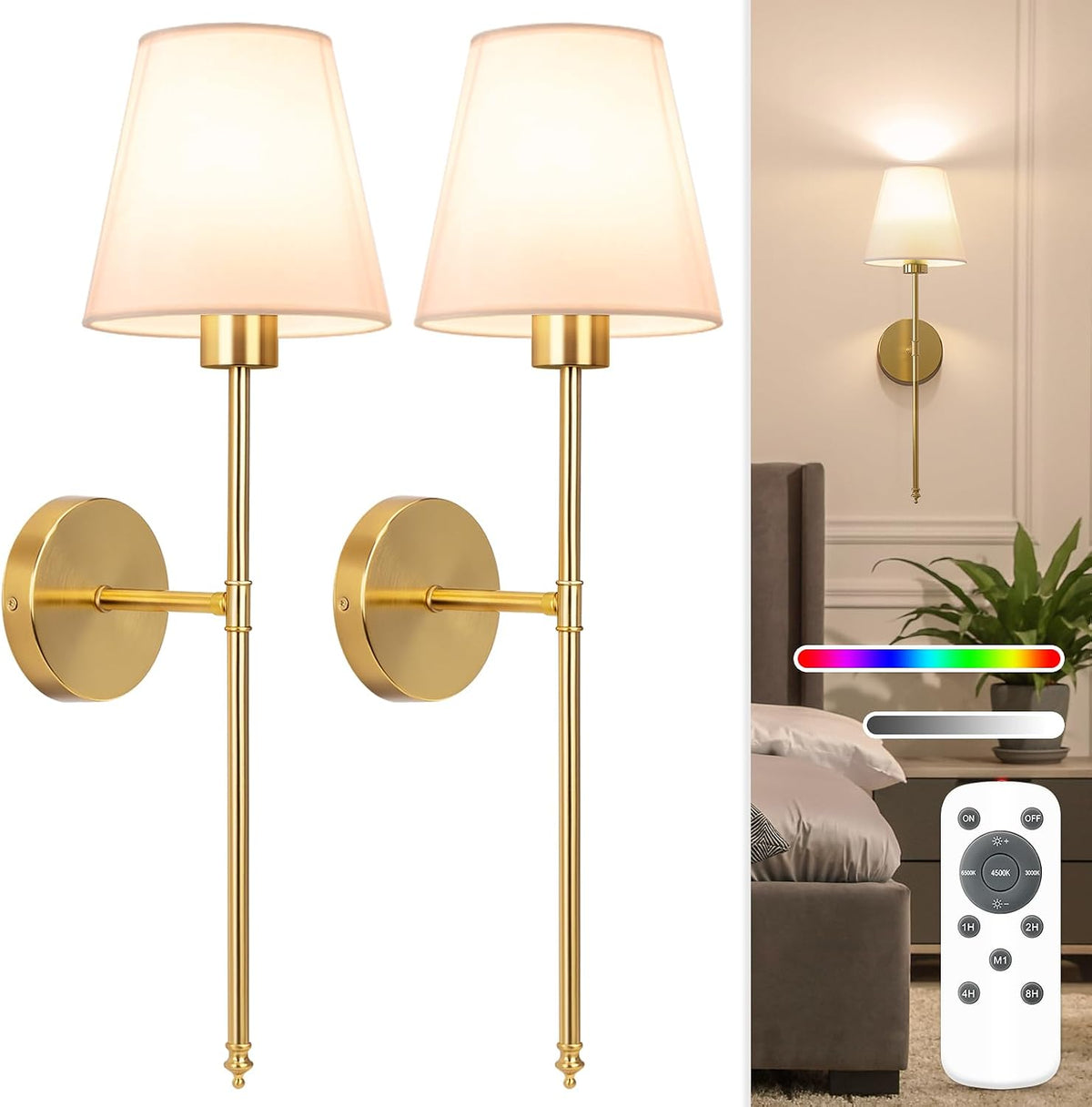 Remote Dimmable Gold Rechargeable Wall Sconces Set