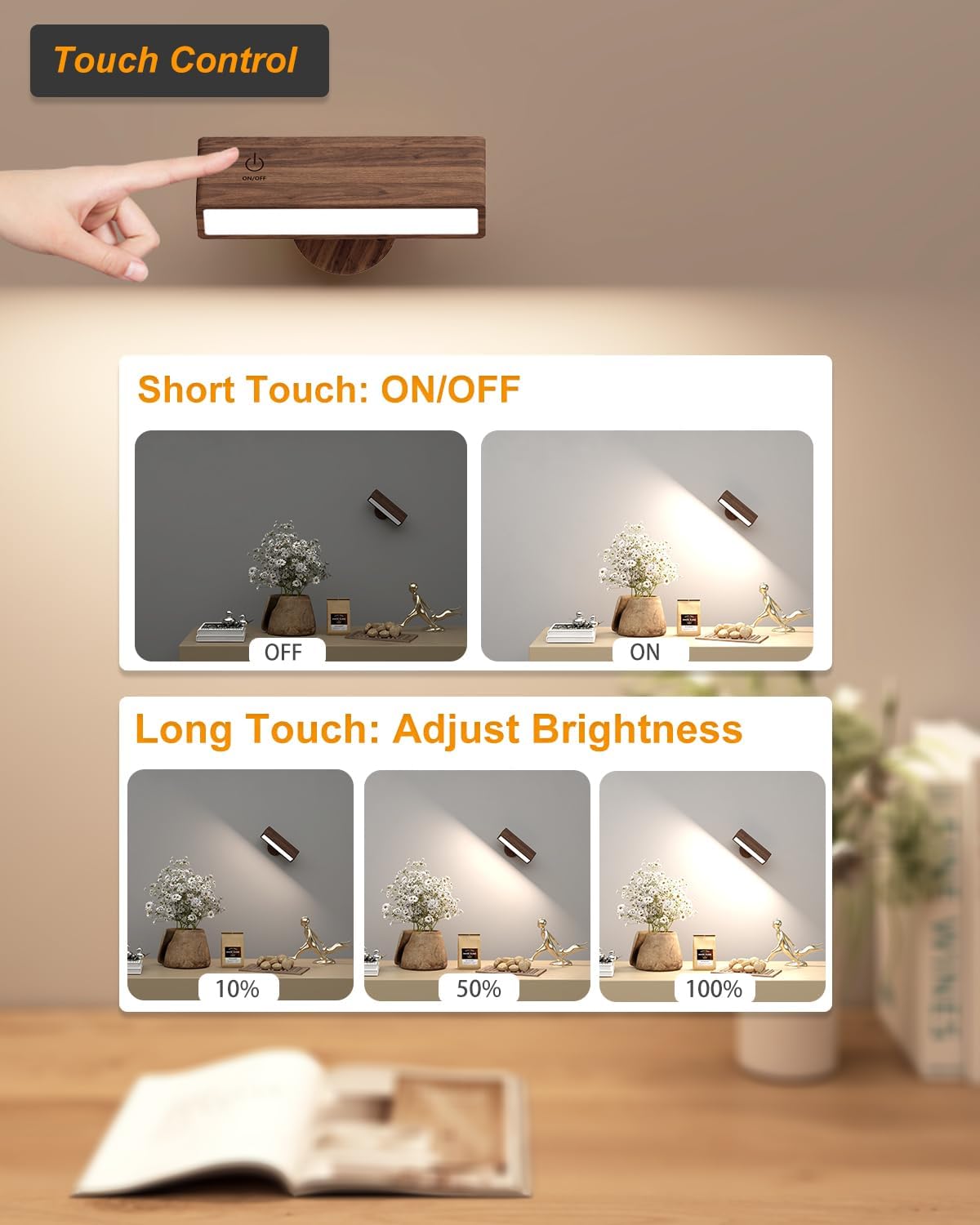 Dimmable Rechargeable Wood Wall Sconces Set