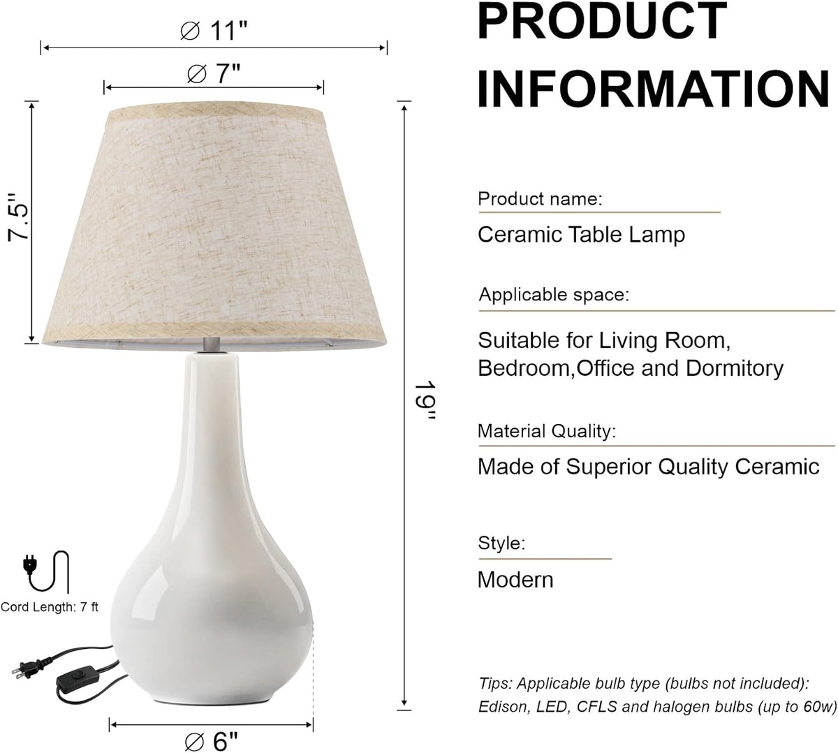 Modern White Ceramic Bedside Lamp Set