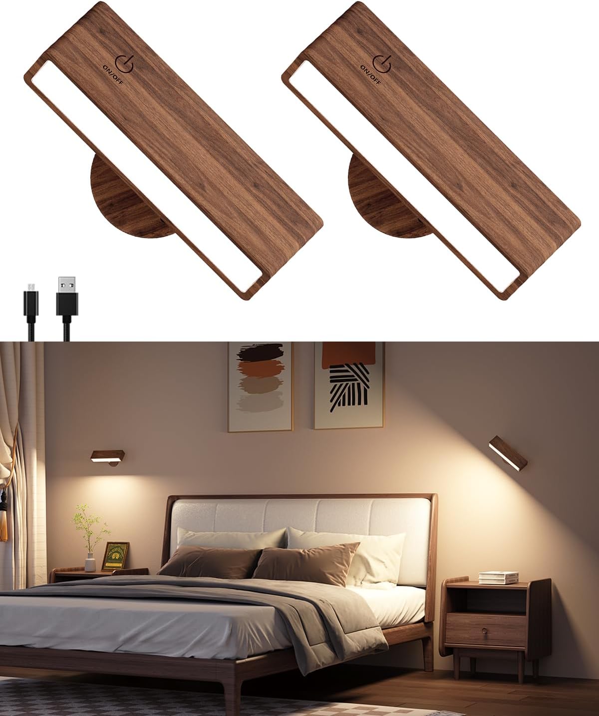 Dimmable Rechargeable Wood Wall Sconces Set