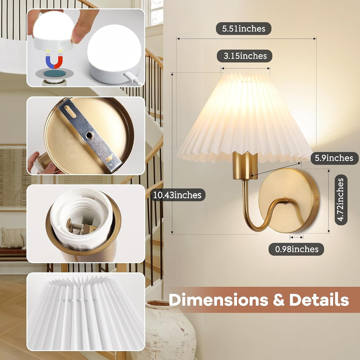 Rechargeable Pleated Wireless Wall Sconces Set