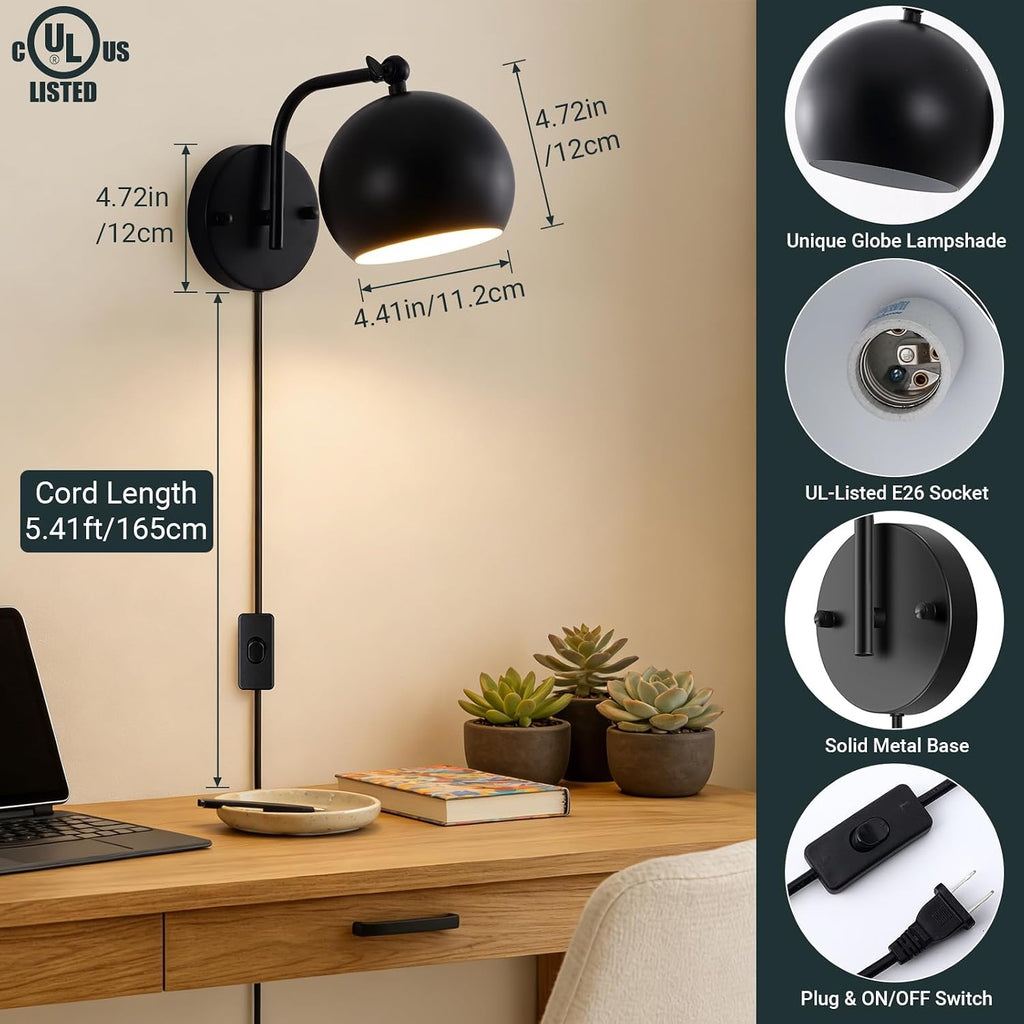 Plug‑in Globe Bedside Wall Sconces Set