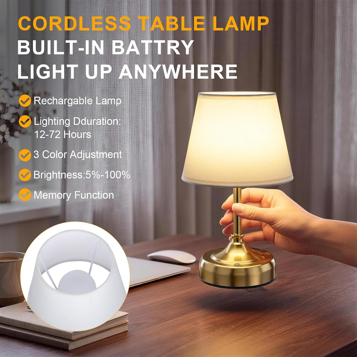 Rechargeable Gold Cordless Small Table Lamp