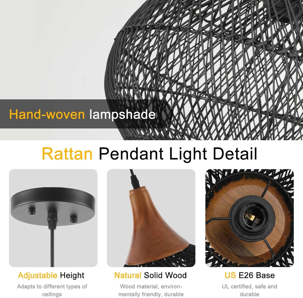 Hand‑Woven Black Rattan Pendant Light