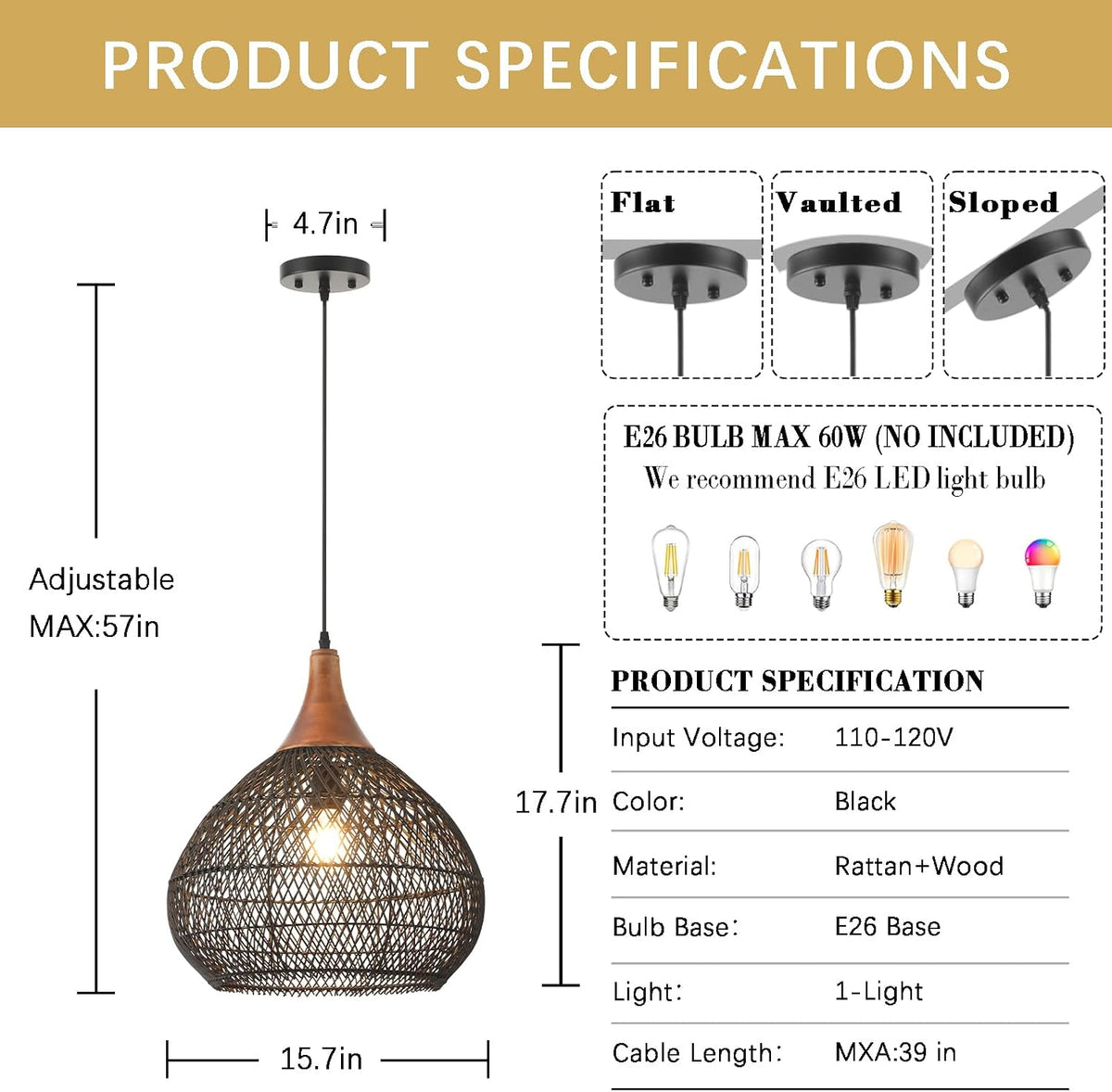 Hand‑Woven Black Rattan Pendant Light