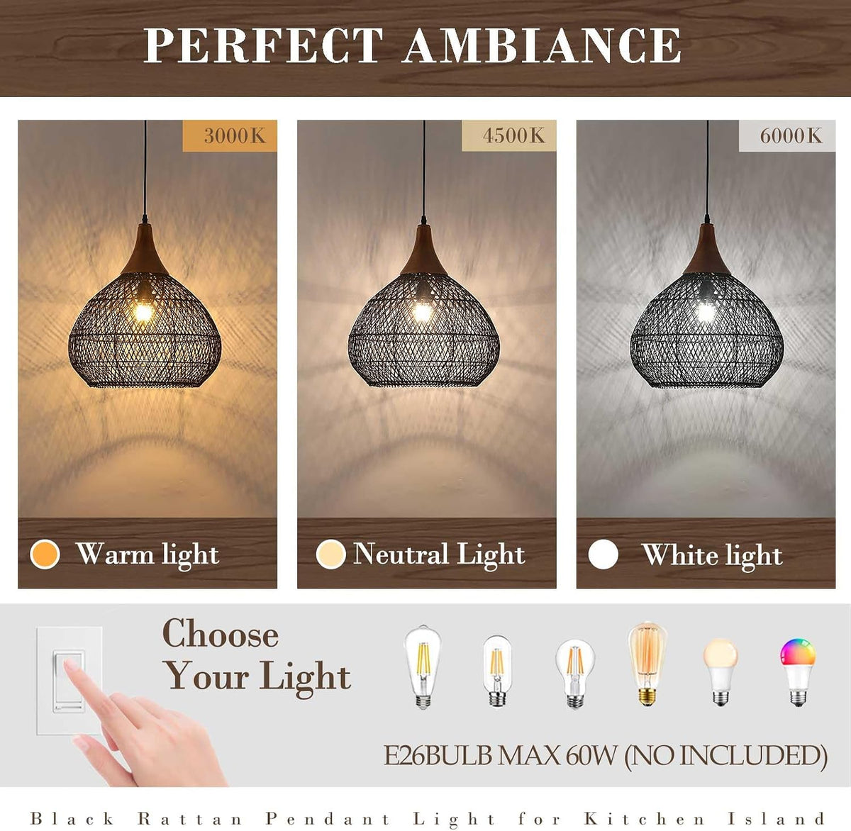 Hand‑Woven Black Rattan Pendant Light