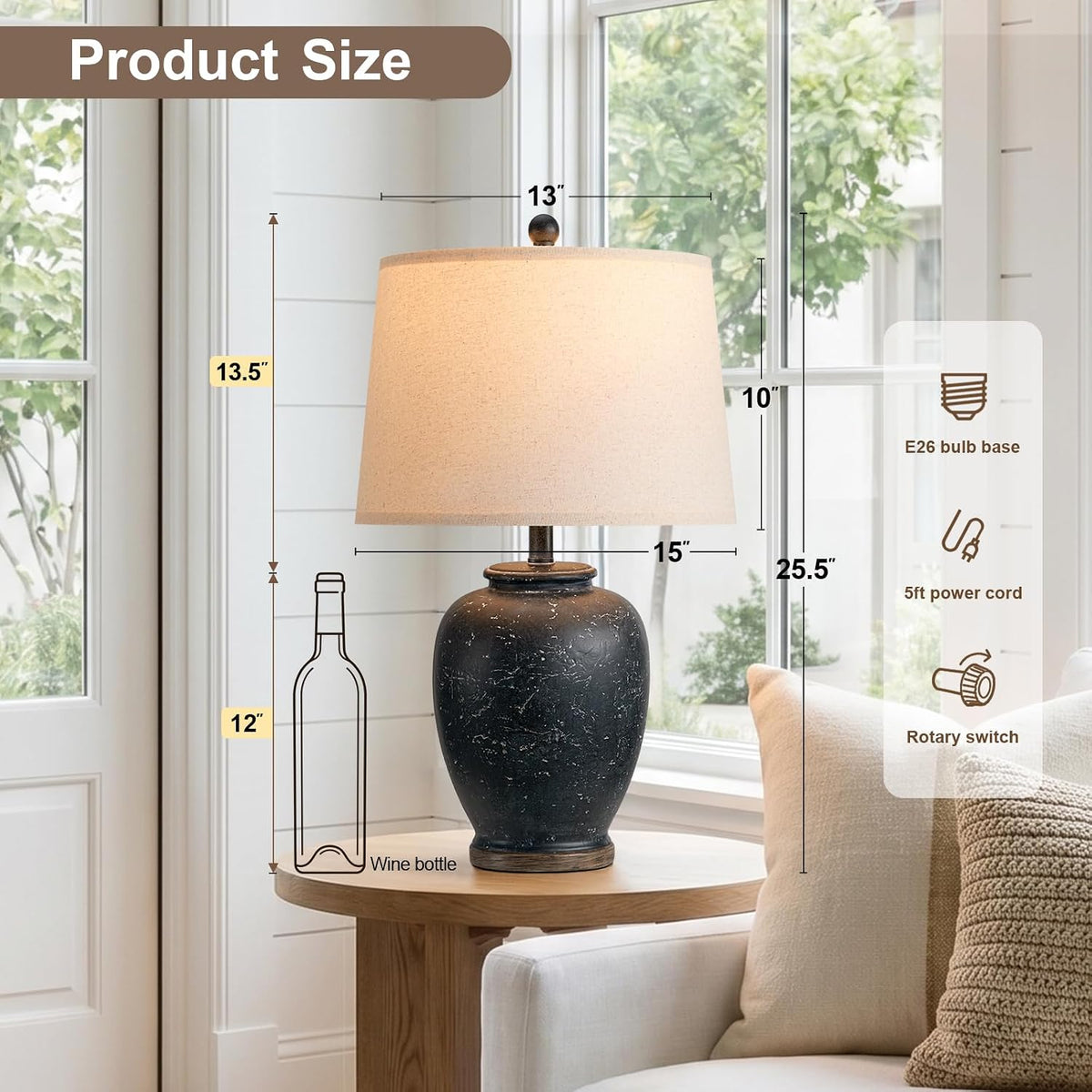 Vintage Matte Black Ceramic Table Lamp