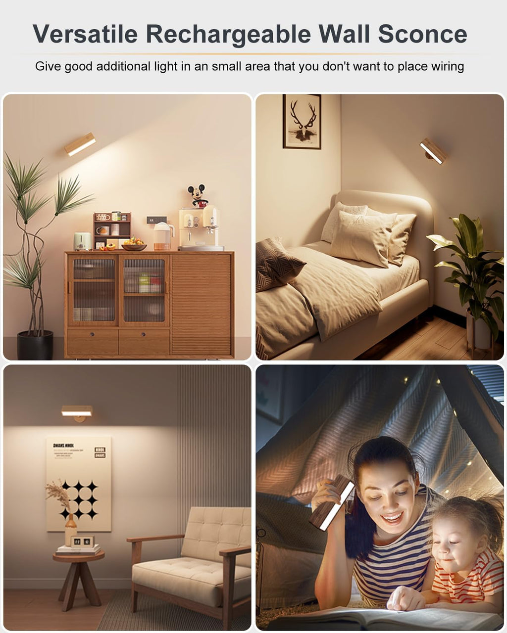 Dimmable Rechargeable Wood Wall Sconces Set