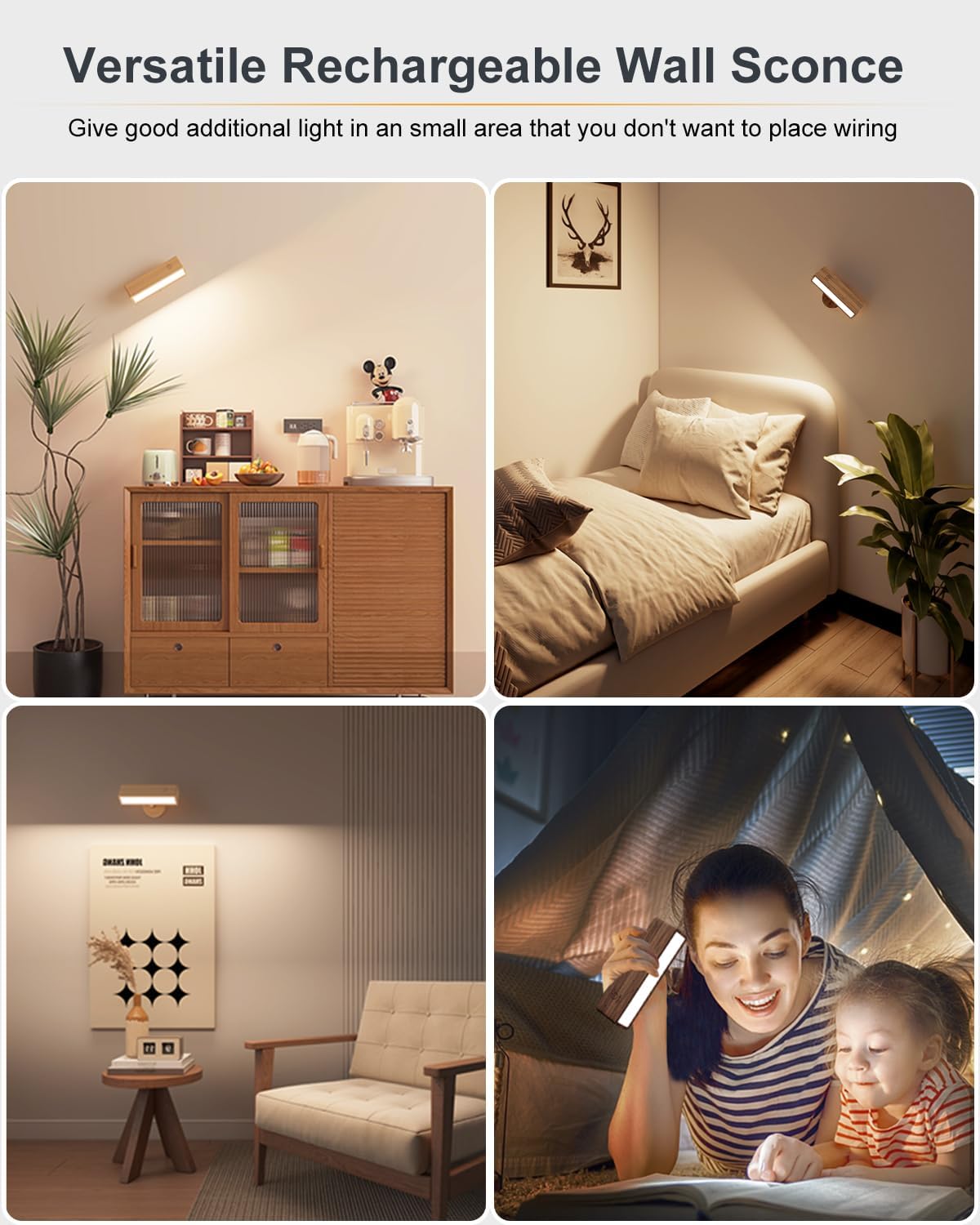 Dimmable Rechargeable Wood Wall Sconces Set