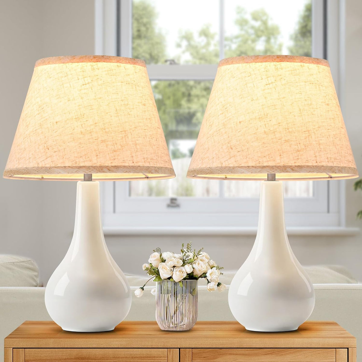 Modern White Ceramic Bedside Lamp Set