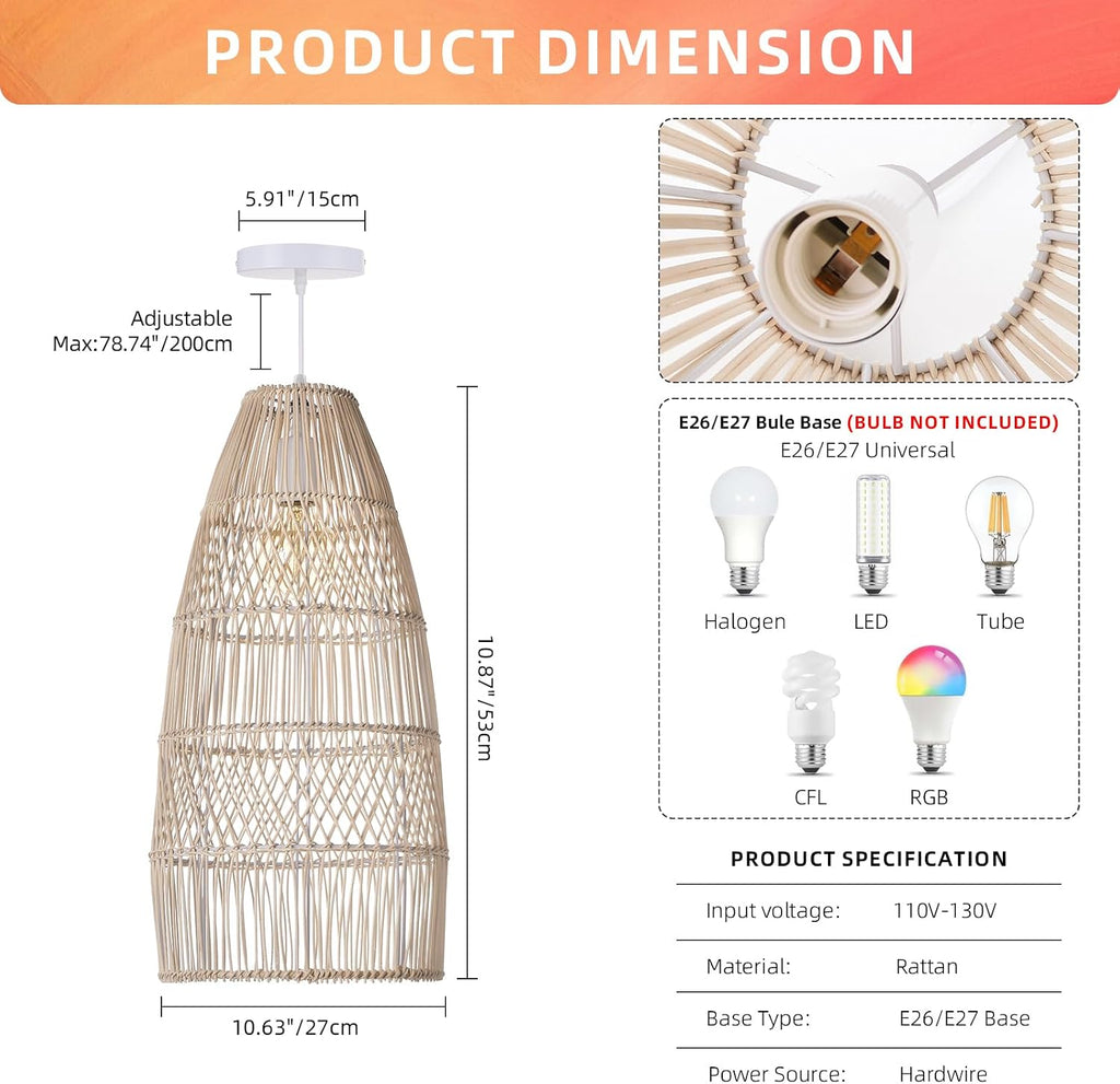 Boho Wicker Rattan Basket Pendant Light