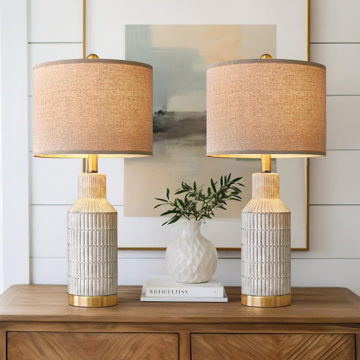 Modern White‑Washed Ceramic Bedside Lamps Set