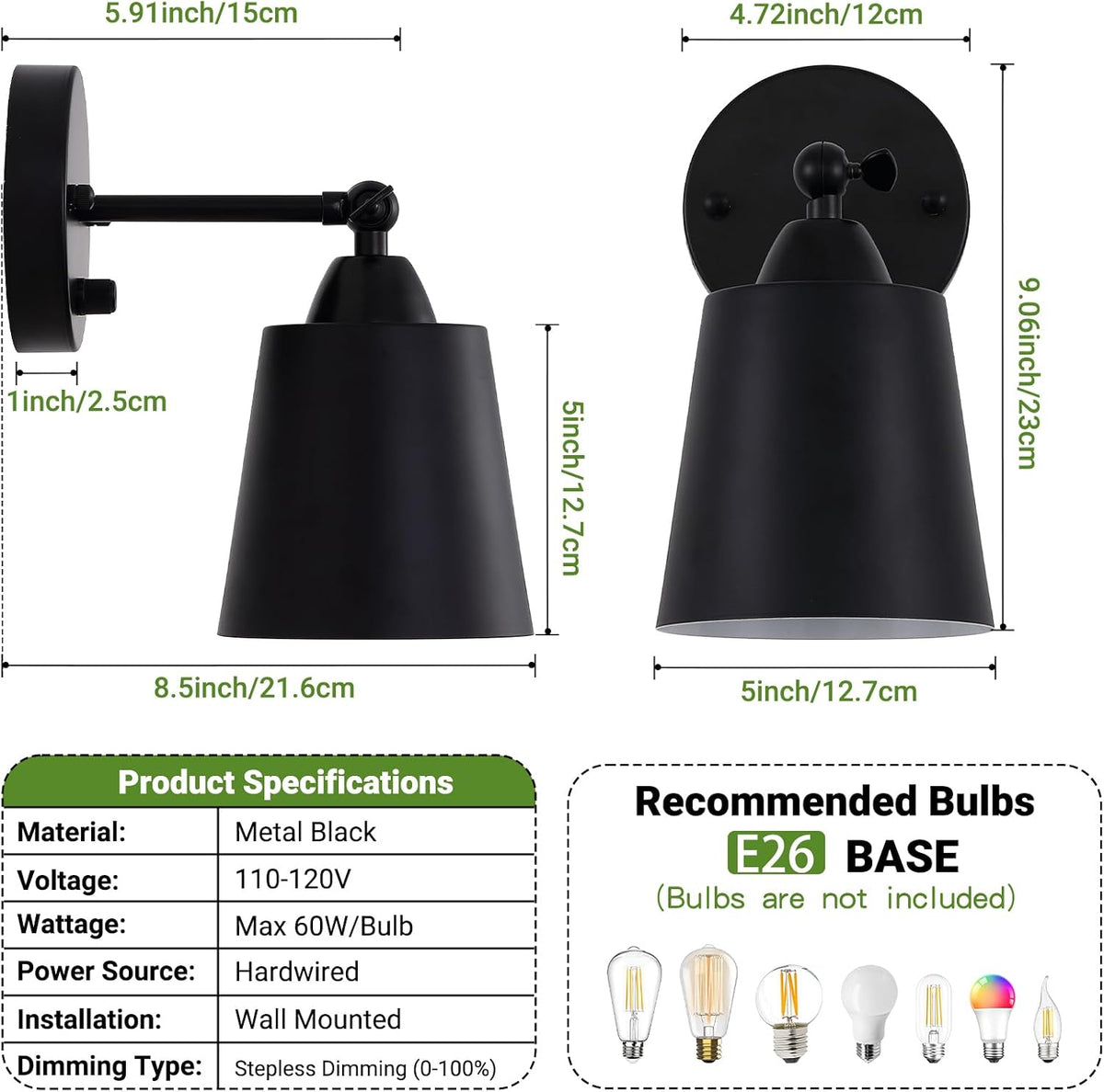 Dimmable Swing‑Arm Bedside Wall Sconces Set
