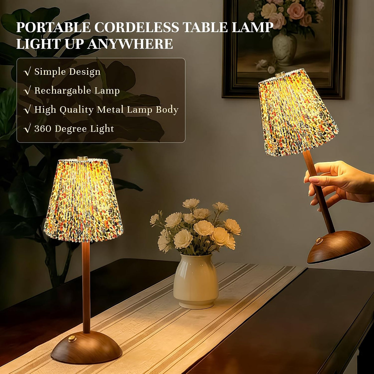 Rechargeable Vintage Floral Cordless Table Lamp