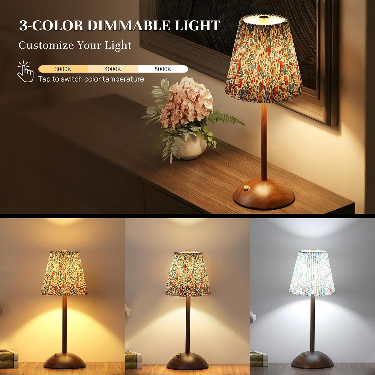 Rechargeable Vintage Floral Cordless Table Lamp