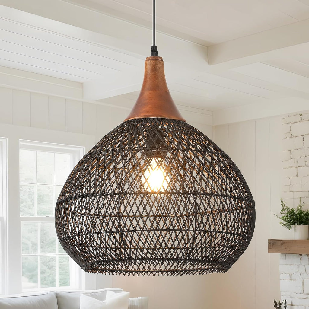 Hand‑Woven Black Rattan Pendant Light